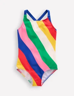 Bademode | Boden Bedruckter Badeanzug mit gekreuzten Trägern-Bunt Regenbogen Swirl-Motiv BuntRegenbogenSwirl-Motiv