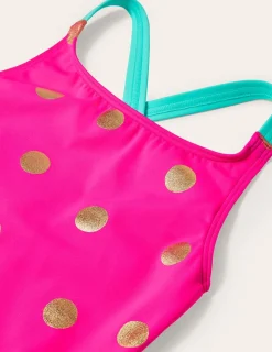 Bademode | Boden Bedruckter Badeanzug mit gekreuzten Trägern-Fuchsienrosa, Goldfolie Punkte Fuchsienrosa,GoldfoliePunkte
