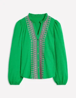 T-shirts & Tops | Oberteile | Boden Bestickte Bluse mit Rüschenausschnitt-Grünes Tamburin GrünesTamburin