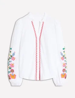 T-shirts & Tops | Oberteile | Boden Bestickte Bluse mit Rüschenausschnitt-Weiß/Bunt, Blumenstickerei Weiß/Bunt,Blumenstickerei