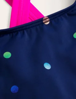 Bademode | Boden Bikinioberteil mit überkreuzter Rückseite-Marineblau Regenbogen Konfetti Punkte MarineblauRegenbogenKonfettiPunkte