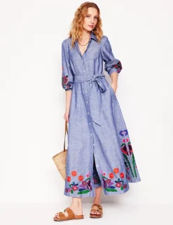 Kleider & Jumpsuits | Maxi | Boden Clara Hemdblusenkleid aus Leinenmischgewebe-Blaues Chambray, Stickerei BlauesChambray,Stickerei