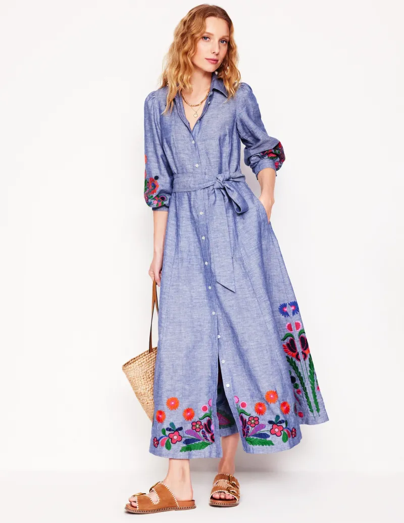 Kleider & Jumpsuits | Maxi | Boden Clara Hemdblusenkleid aus Leinenmischgewebe-Blaues Chambray, Stickerei BlauesChambray,Stickerei