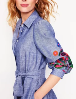 Kleider & Jumpsuits | Maxi | Boden Clara Hemdblusenkleid aus Leinenmischgewebe-Blaues Chambray, Stickerei BlauesChambray,Stickerei