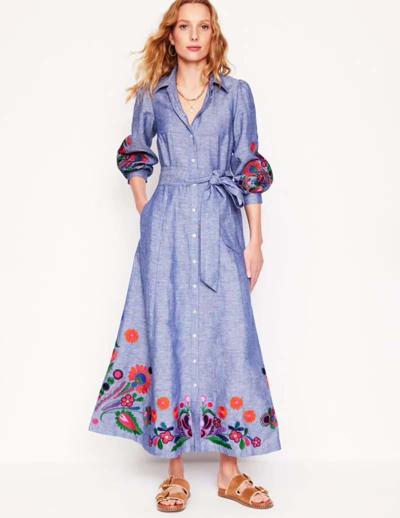 Kleider & Jumpsuits | Maxi | Boden Clara Hemdblusenkleid aus Leinenmischgewebe-Blaues Chambray, Stickerei BlauesChambray,Stickerei