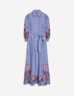 Kleider & Jumpsuits | Maxi | Boden Clara Hemdblusenkleid aus Leinenmischgewebe-Blaues Chambray, Stickerei BlauesChambray,Stickerei