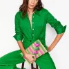 Handtaschen | Boden Clutch aus Bast mit Fransen- Rosa/Grün