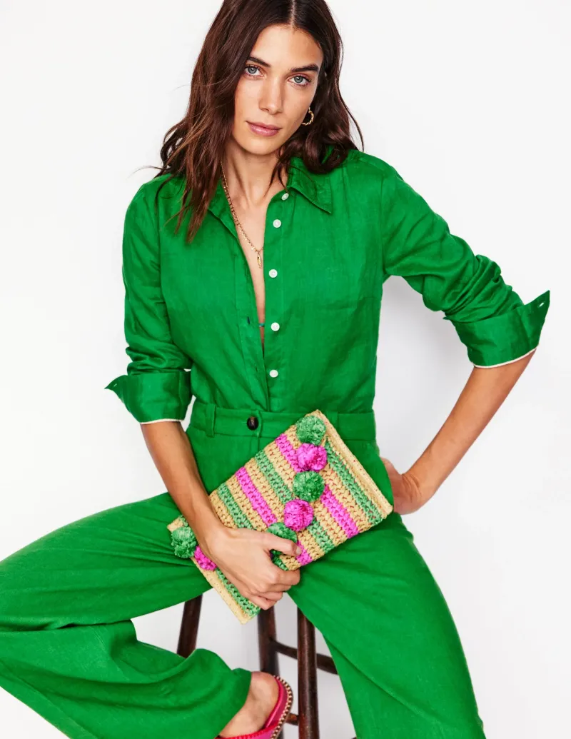 Handtaschen | Boden Clutch aus Bast mit Fransen- Rosa/Grün