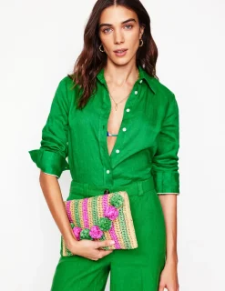 Handtaschen | Boden Clutch aus Bast mit Fransen- Rosa/Grün