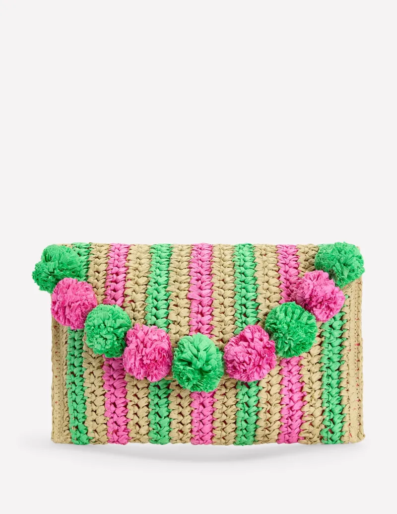 Handtaschen | Boden Clutch aus Bast mit Fransen- Rosa/Grün