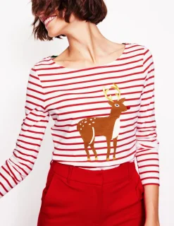Oberteile | T-shirts & Tops | Boden Ella Breton-Shirt mit langen Ärmeln-Rot, Rentier Gestreift Rot,RentierGestreift