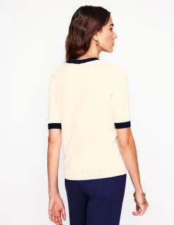 Nachtwäsche & Schlafanzüge | Pullover & Strickjacken | Boden Emilia Baumwoll-T-Shirt mit Rundhalsausschnitt-Warmes Naturweiß, Marineblau WarmesNaturweiß,Marineblau