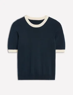 Nachtwäsche & Schlafanzüge | Pullover & Strickjacken | Boden Emilia Baumwoll-T-Shirt mit Rundhalsausschnitt-Marineblau, Warmes Naturweiß Marineblau,WarmesNaturweiß