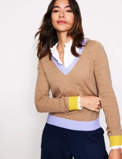 Pullover & Strickjacken | Boden Eva Kaschmirpullover mit V-Ausschnitt-Camel Meliert Blockfarben CamelMeliertBlockfarben
