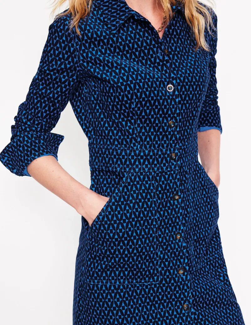 Kleider & Jumpsuits | Kleider In Petite | Boden Flora Hemdblusenkleid aus Cord-Blau, Diamantgitter Blau,Diamantgitter