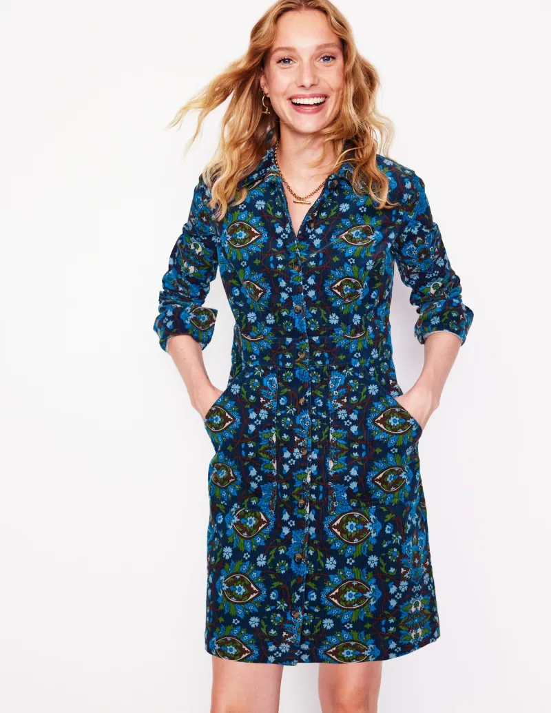 Kleider & Jumpsuits | Kleider In Petite | Boden Flora Hemdblusenkleid aus Cord-Eisvogelblau, Blütengitter Eisvogelblau,Blütengitter