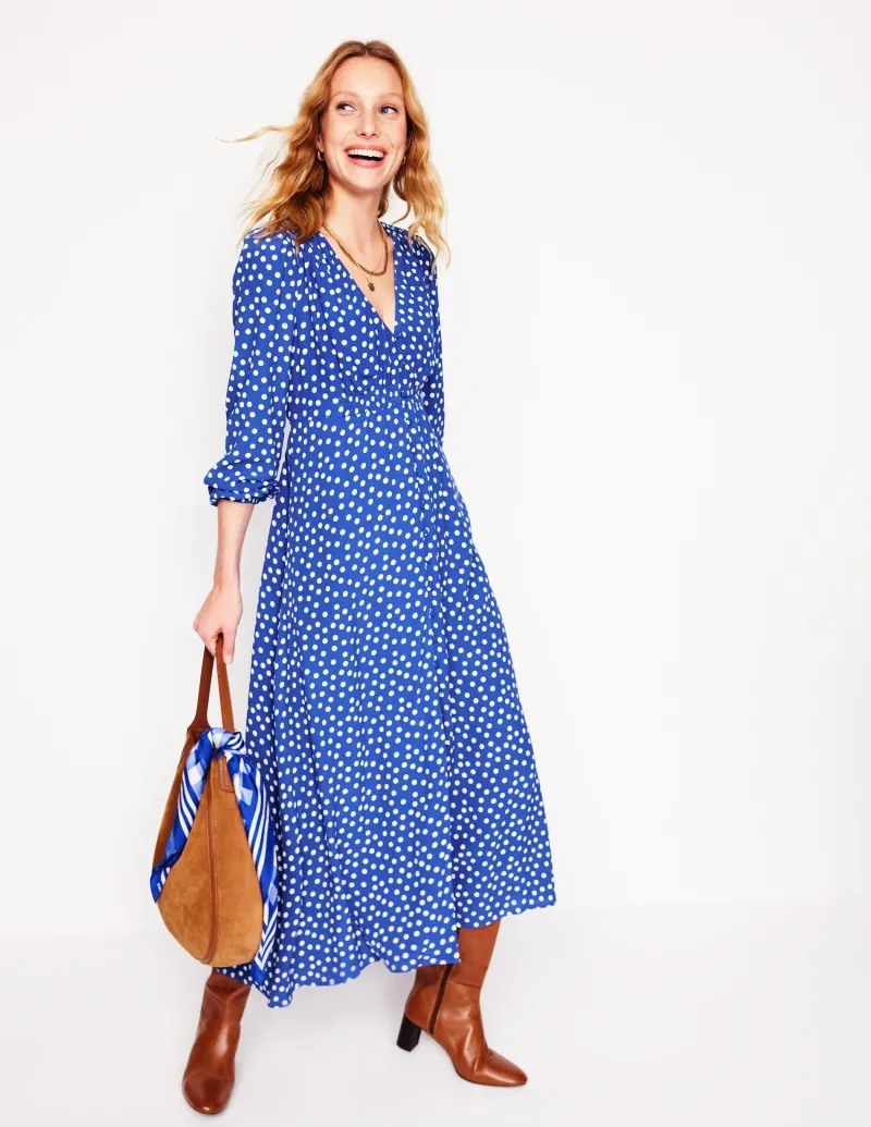 Kleider & Jumpsuits | Midi | Boden Gesmoktes Teekleid mit Knöpfen-Leuchtendes Blau, Abstrakte Punkte LeuchtendesBlau,AbstraktePunkte