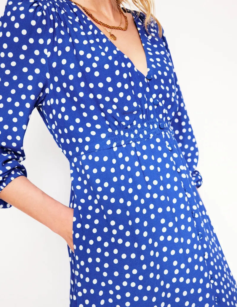 Kleider & Jumpsuits | Midi | Boden Gesmoktes Teekleid mit Knöpfen-Leuchtendes Blau, Abstrakte Punkte LeuchtendesBlau,AbstraktePunkte