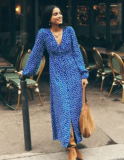 Kleider & Jumpsuits | Midi | Boden Gesmoktes Teekleid mit Knöpfen-Leuchtendes Blau, Abstrakte Punkte LeuchtendesBlau,AbstraktePunkte