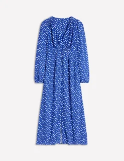 Kleider & Jumpsuits | Midi | Boden Gesmoktes Teekleid mit Knöpfen-Leuchtendes Blau, Abstrakte Punkte LeuchtendesBlau,AbstraktePunkte