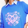 Nachtwäsche & Schlafanzüge | Oberteile | Boden Hannah Sweatshirt mit Stickerei-Pfauenfeder-Blau, Herzen Pfauenfeder-Blau,Herzen