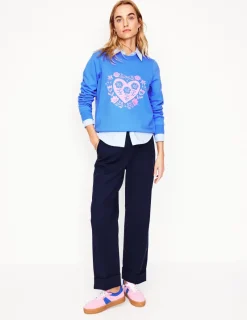 Nachtwäsche & Schlafanzüge | Oberteile | Boden Hannah Sweatshirt mit Stickerei-Pfauenfeder-Blau, Herzen Pfauenfeder-Blau,Herzen