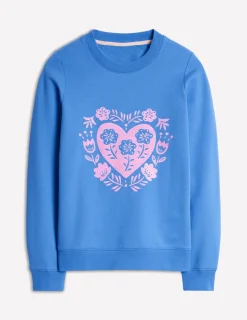 Nachtwäsche & Schlafanzüge | Oberteile | Boden Hannah Sweatshirt mit Stickerei-Pfauenfeder-Blau, Herzen Pfauenfeder-Blau,Herzen