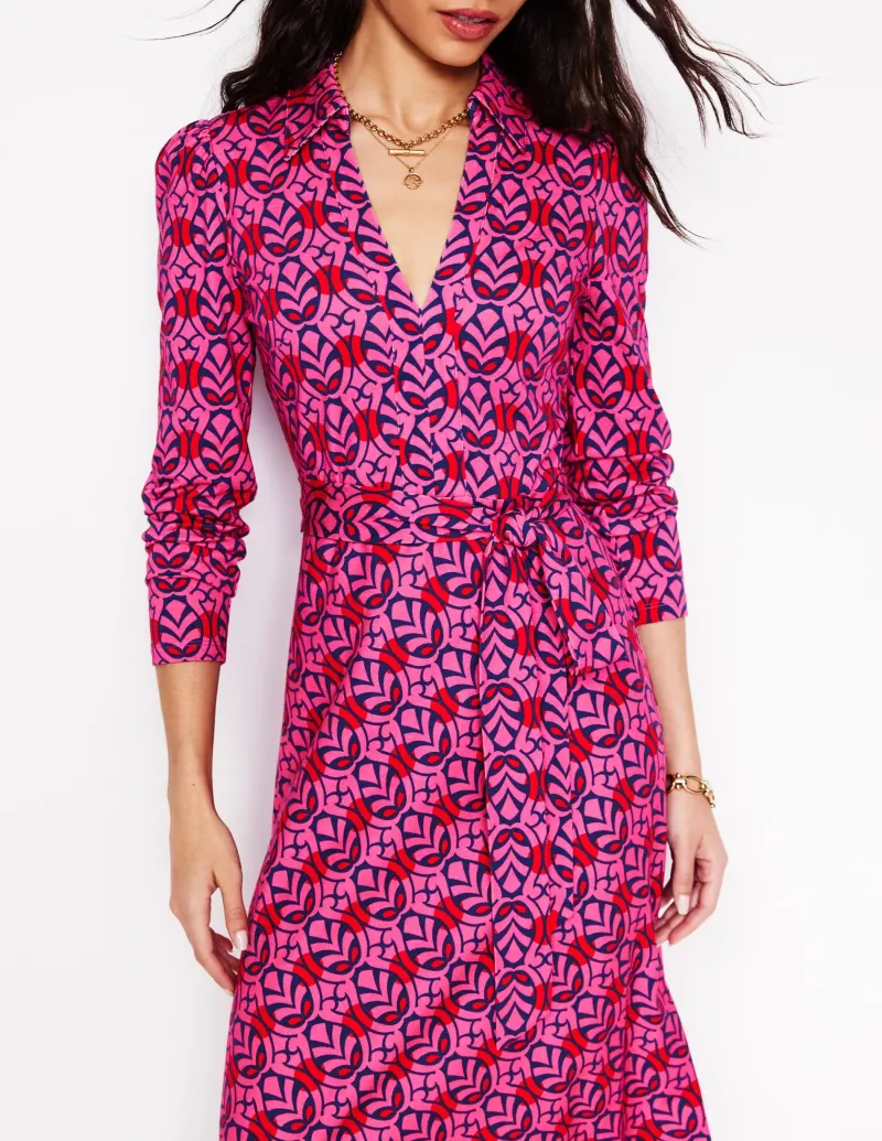 Kleider & Jumpsuits | Midi | Boden Imogen Jerseykleid mit Kragen-Sorbetrosa, Blattterrasse Sorbetrosa,Blattterrasse