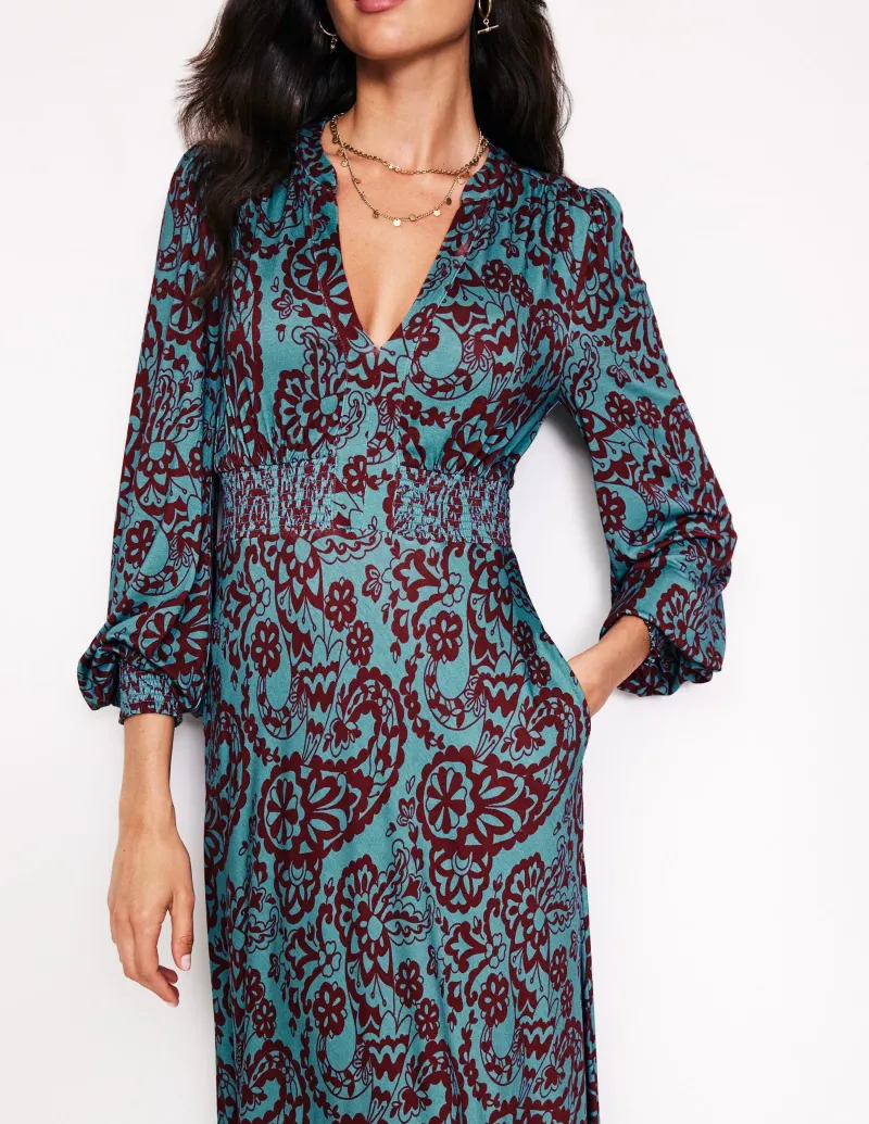 Kleider & Jumpsuits | Kleider In Petite | Boden Ivy Gesmoktes Midikleid-Blaues Gras, Paisley-Kaskade BlauesGras,Paisley-Kaskade