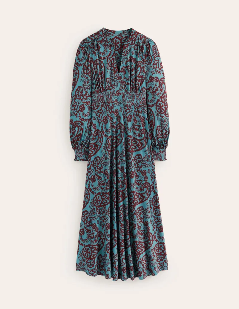 Kleider & Jumpsuits | Kleider In Petite | Boden Ivy Gesmoktes Midikleid-Blaues Gras, Paisley-Kaskade BlauesGras,Paisley-Kaskade