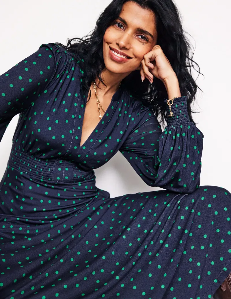 Kleider & Jumpsuits | Kleider In Petite | Boden Ivy Gesmoktes Midikleid-Marineblau, Einzelne Punkte Marineblau,EinzelnePunkte