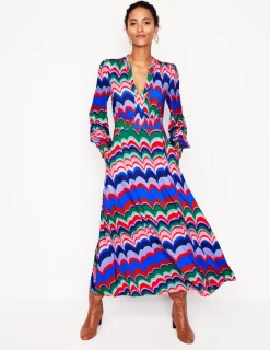 Kleider & Jumpsuits | Kleider In Petite | Boden Ivy Gesmoktes Midikleid-Mehrfarbig, abstrakte Welle Mehrfarbig,abstrakteWelle