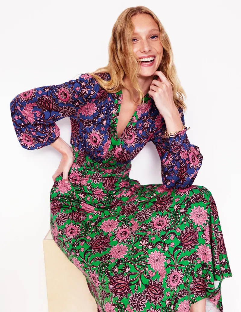 Kleider & Jumpsuits | Kleider In Petite | Boden Ivy Gesmoktes Midikleid-Smaragdgrün, Blütenornament Smaragdgrün,Blütenornament