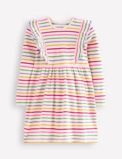 Kleider | Boden Jerseykleid aus Rippstrick mit Rüschen-Blitzblau/Bunt, Gestreift Blitzblau/Bunt,Gestreift