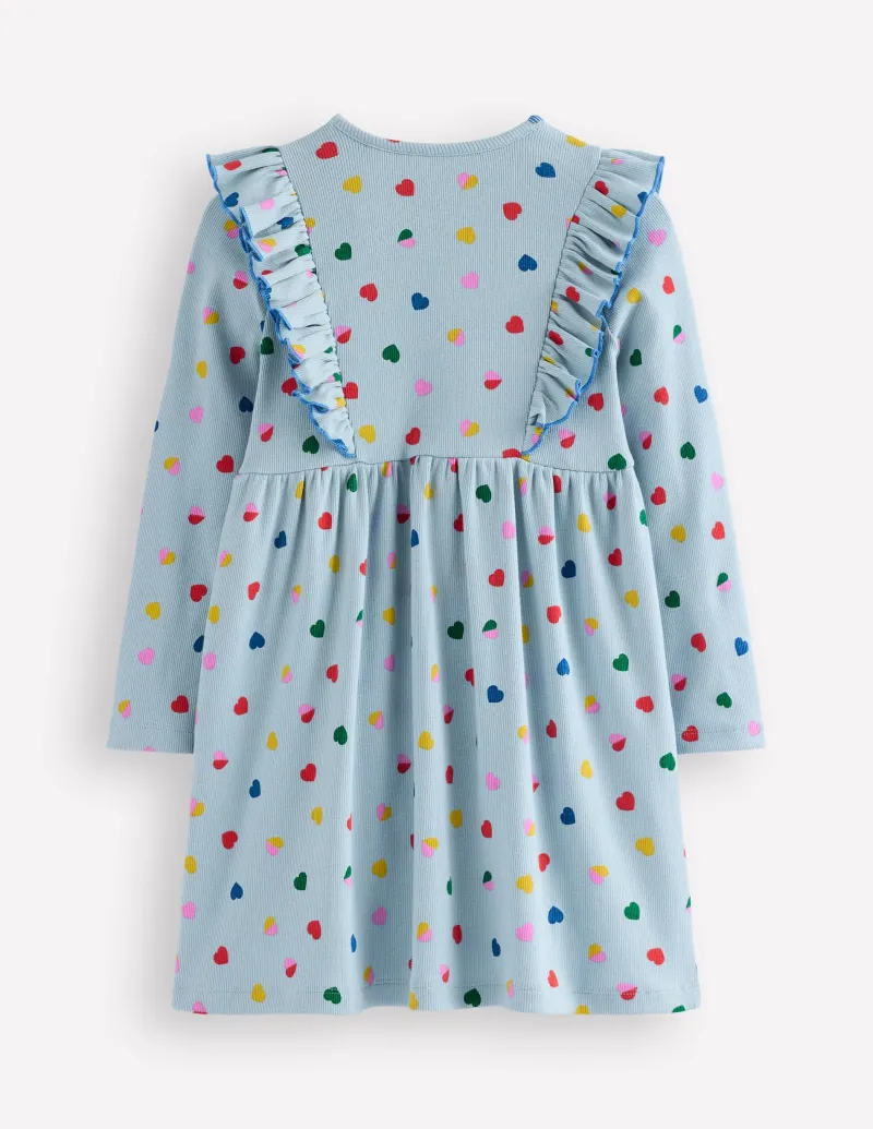 Kleider | Boden Jerseykleid aus Rippstrick mit Rüschen-Vintage-Blau Konfetti Herz Vintage-BlauKonfettiHerz
