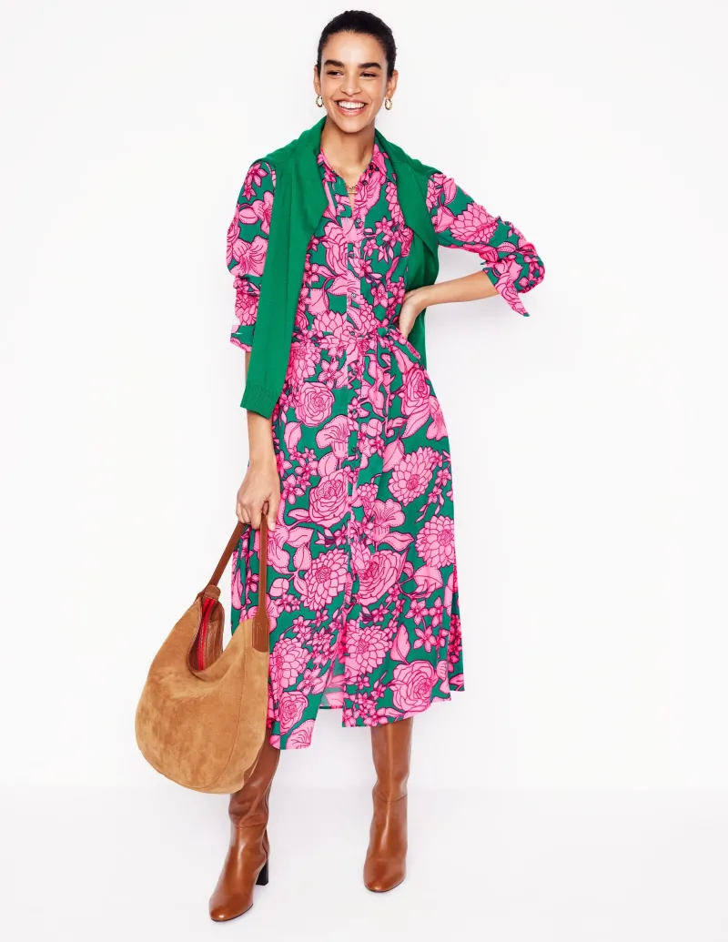 Kleider & Jumpsuits | Kleider In Petite | Boden Kate Midi-Hemdblusenkleid-Grün, Blütenkaskade Grün,Blütenkaskade