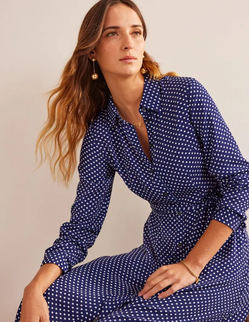 Kleider & Jumpsuits | Kleider In Petite | Boden Kate Midi-Hemdblusenkleid-Marineblau, Gepunktet Marineblau,Gepunktet