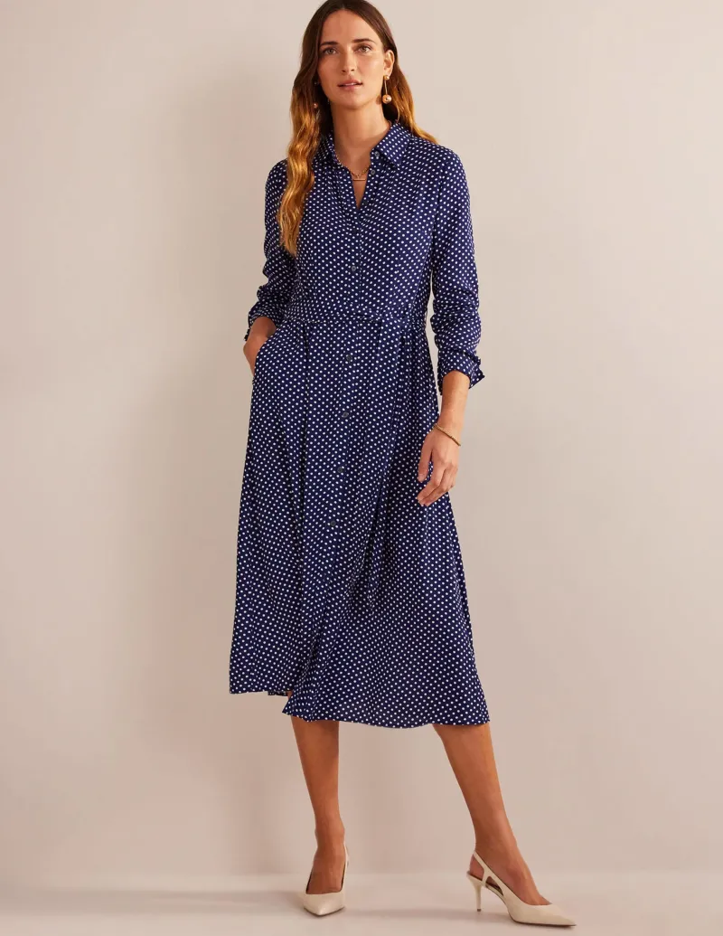 Kleider & Jumpsuits | Kleider In Petite | Boden Kate Midi-Hemdblusenkleid-Marineblau, Gepunktet Marineblau,Gepunktet