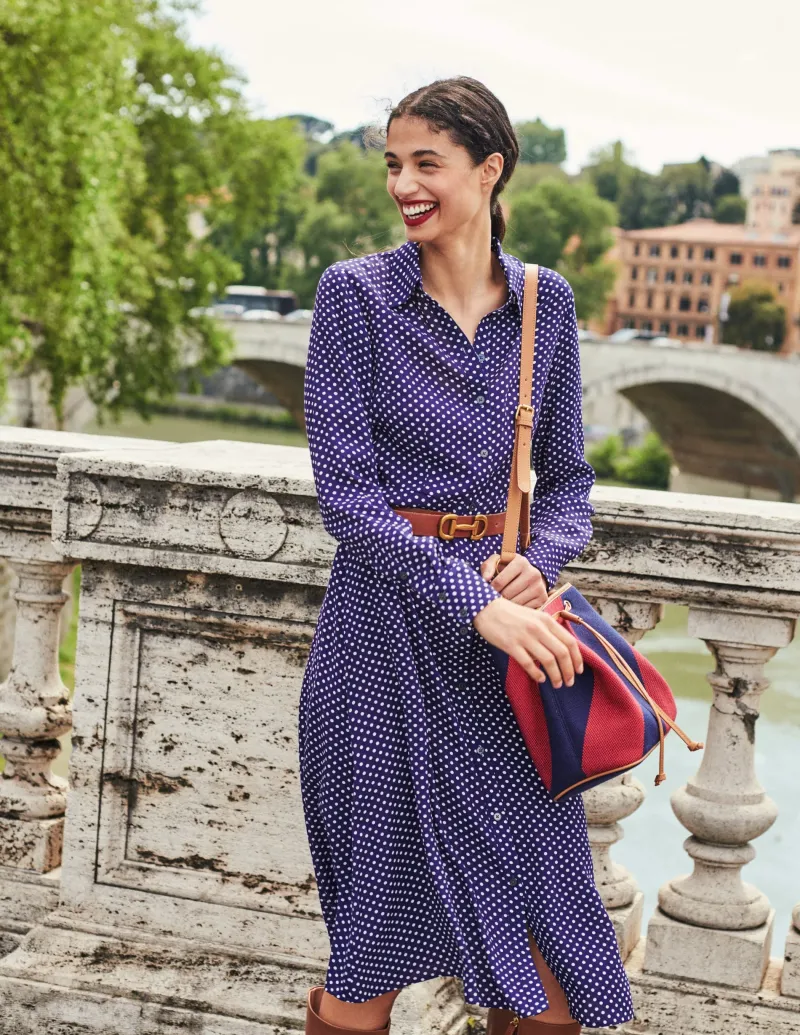 Kleider & Jumpsuits | Kleider In Petite | Boden Kate Midi-Hemdblusenkleid-Marineblau, Gepunktet Marineblau,Gepunktet