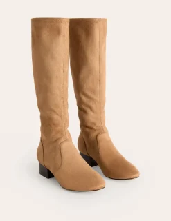 Flache Schuhe | Absatzschuhe | Boden Kniehohe Stretchstiefel mit flacher Sohle- Braun