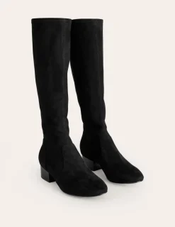 Stiefel | Absatzschuhe | Boden Kniehohe Stretchstiefel mit flacher Sohle- Schwarz