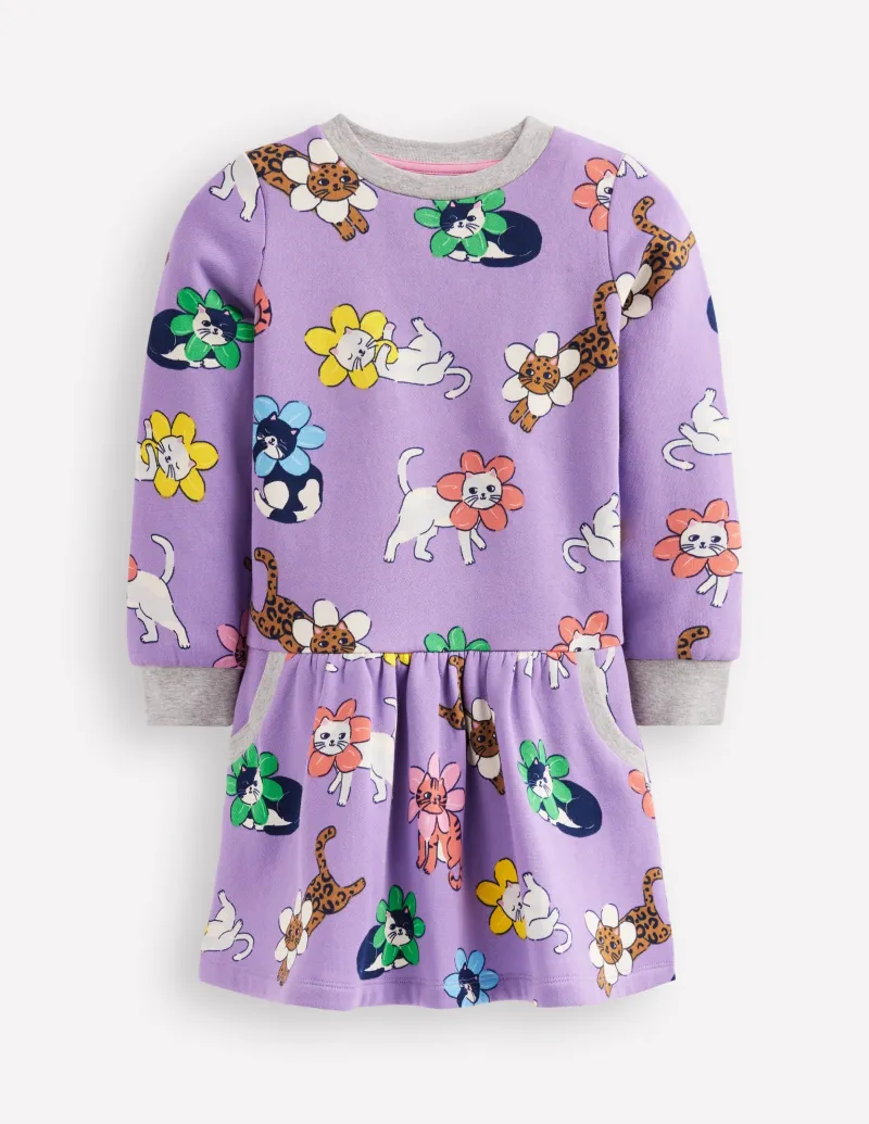 Kleider | Boden Kuscheliges, bedrucktes Sweatshirt-Kleid-Aster Lila Blumen Katze AsterLilaBlumenKatze