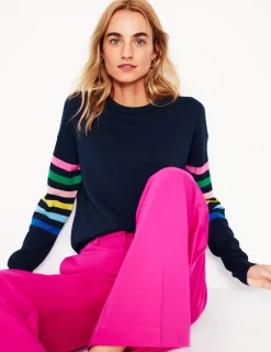Pullover & Strickjacken | Boden Lara Lockerer Baumwollpullover-Marineblau Regenbogenstreifen an den Ärmeln MarineblauRegenbogenstreifenandenÄrmeln