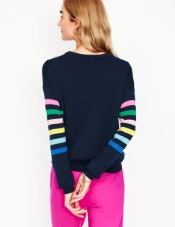 Pullover & Strickjacken | Boden Lara Lockerer Baumwollpullover-Marineblau Regenbogenstreifen an den Ärmeln MarineblauRegenbogenstreifenandenÄrmeln