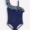 Bademode | Boden Lila Badeanzug mit einem Träger-Schuluniform-Marineblau Ric Rac Schuluniform-MarineblauRicRac