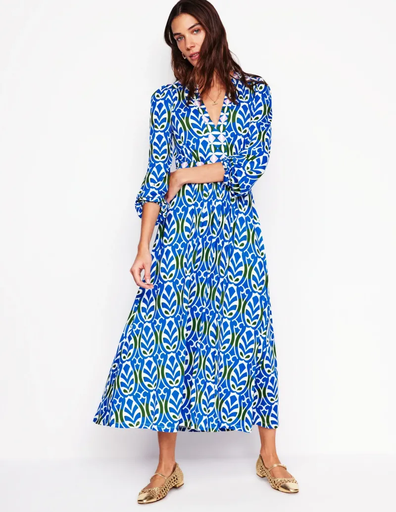 Kleider & Jumpsuits | Midi | Boden Lily Midikleid mit langen Ärmeln-Galerieblau, Blattterrasse Galerieblau,Blattterrasse