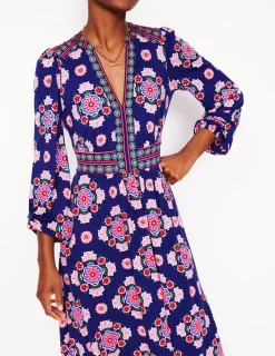 Kleider & Jumpsuits | Midi | Boden Lily Midikleid mit langen Ärmeln-Steuerbordblau, Wiese Kleiner Blumenstrauß Steuerbordblau,WieseKleinerBlumenstrauß