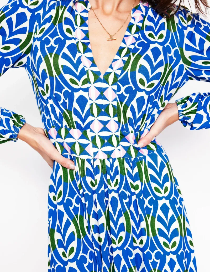 Kleider & Jumpsuits | Midi | Boden Lily Midikleid mit langen Ärmeln-Galerieblau, Blattterrasse Galerieblau,Blattterrasse