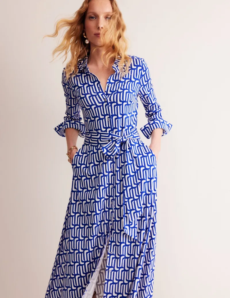Kleider & Jumpsuits | Kleider In Petite | Boden Marcia Midi-Hemdblusenkleid aus Jersey-Saphirblau, Motiv Falling Geo Saphirblau,MotivFallingGeo