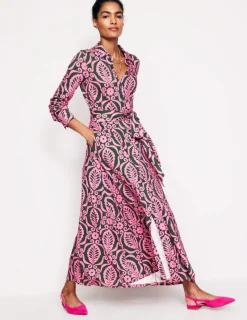 Kleider & Jumpsuits | Kleider In Petite | Boden Marcia Midi-Hemdblusenkleid aus Jersey-Festliches Rosa, Blattstempel FestlichesRosa,Blattstempel